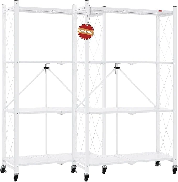 First-Class DEANIC 4 Tier Foldable Storage Shelves with Wheels Large Capacity Shelving Unit standing Metal Wire Shelf Rack No Assembly Organizer Rack for Garage Kitchen Basement Pantry White Pack of 2 About ThisOverview Next-Generation