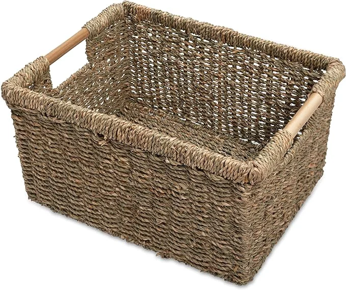 Versatile Large Wicker Storage Basket with Wooden Handles Seagrass Basket for Shelves Natural Wicker Bin With Handle for Storage 14.5 x 10.3 x 7.5 inchesAbout ThisOverview Fine Crafted
