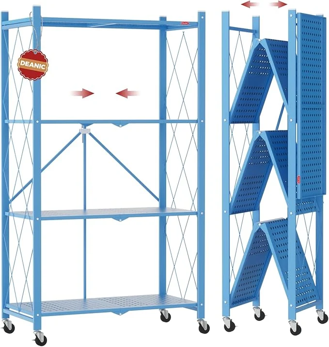 Soft DEANIC 4 Tier Foldable Storage Shelves with Wheels Large Capacity Shelving Unit standing Metal Wire Shelf Rack No Assembly Organizer Rack for Garage Kitchen Basement Blue About ThisOverview Convenient