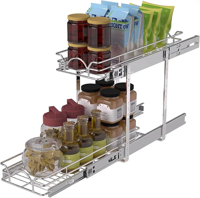 Casual OCG 2 Tier Pull Out Cabinet Organizer 9.5 W x 21 D Pull Out Drawers for Kitchen Cabinets Pull Out Shelves for Base Cabinet Organization in Kitchen Bathroom Pantry Chrome FinishAbout ThisOverview Minimalist