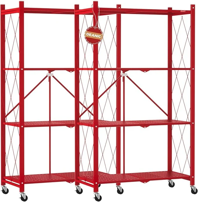 Professional DEANIC 4 Tier Foldable Storage Shelves with Wheels Large Capacity Shelving Unit standing Metal Wire Shelf Rack No Assembly Organizer Rack for Garage Kitchen Basement Pantry Red Pack of 2 About ThisOverview Breathable