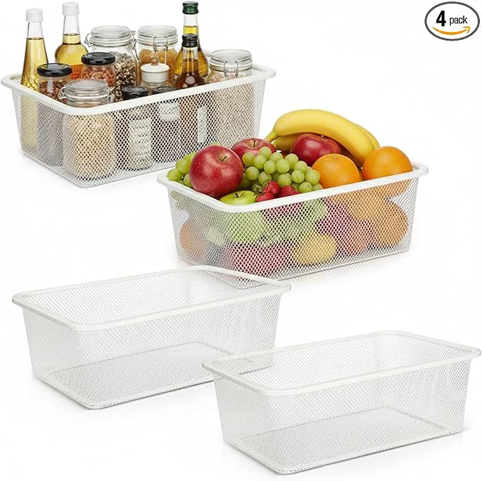 Authentic 4 Pcs Metal Wire Basket Metal Mesh Basket Pantry Organizers Bin Containers for Home Organizing Cabinet Pantry Closet Kitchen Fridge Fruit Makeup Snacks Gifts White Small About ThisOverview Stylish