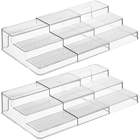 Enhanced mDesign Plastic Spice Food Kitchen Expandable Cabinet Shelf Organizer 3 Tier Storage Compact Caddy Rack for Cupboards Refrigerator Holds Spices Herb Bottles - Lumiere Collection - 2 Pack - ClearOverview World-Class