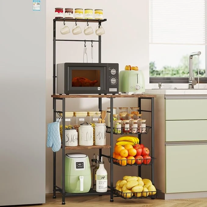 Professional SWTYMIKI Bakers Rack with Storage - Coffee Bar Cabinet with Shelves Coffee Station Organizer and Kitchen Stand with 8 Hooks Baskets Adjustable Feet for Kitchen Dining Room Pantry EspressoAbout ThisOverview Premium Material