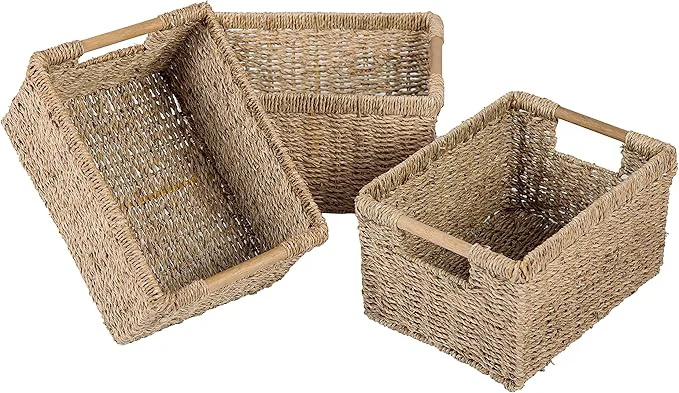 Crafted Natural Seagrass Basket with Wooden Handle Medium Rectuangular Wicker Basket for Living Room 12.2 x 8.9 x 6.7 inches - 3 PackAbout ThisOverview Fashionable