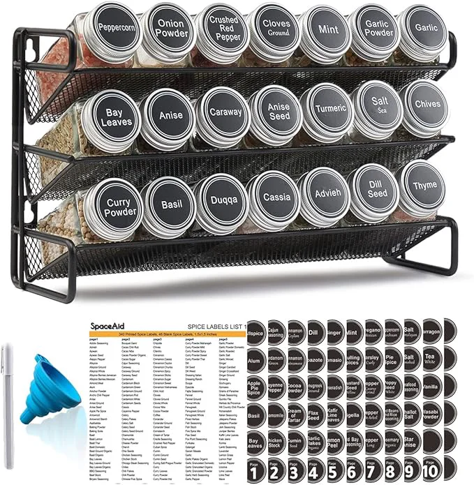 Comfortable SpaceAid Spice Rack Organizer with 21 Spice Jars 386 Spice Labels Chalk Marker and Funnel Set for Cabinet Countertop Pantry Cupboard or Door Wall Mount - 21 Jars 13.4 W × 9 H BlackAbout ThisOverview Fine