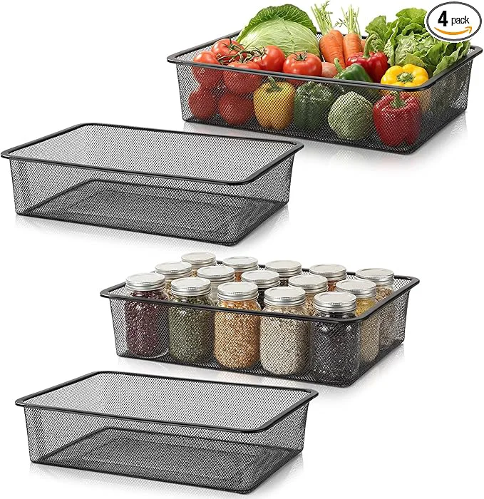 Detailed 4 Pcs Metal Wire Basket Metal Mesh Basket Pantry Organizers Bin Containers for Home Organizing Cabinet Pantry Closet Kitchen Fridge Fruit Makeup Snacks Gifts Black Large About ThisOverview Luxury