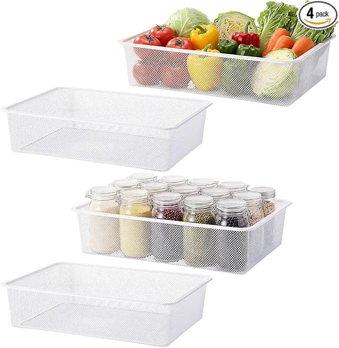 Next-Generation 4 Pcs Metal Wire Basket Metal Mesh Basket Pantry Organizers Bin Containers for Home Organizing Cabinet Pantry Closet Kitchen Fridge Fruit Makeup Snacks Gifts White Large About ThisOverview Secure