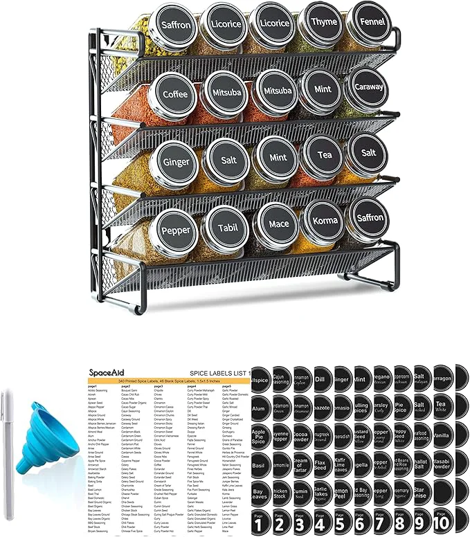 Durable SpaceAid Spice Rack Organizer with 20 Spice Jars 386 Spice Labels Chalk Marker and Funnel Set for Cabinet Countertop Pantry Cupboard or Door Wall Mount - 20 Jars 9.8 W × 10.8 H BlackAbout ThisOverview Original