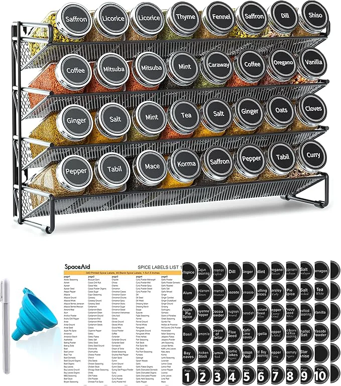 Smooth SpaceAid Spice Rack Organizer with 32 Spice Jars 386 Spice Labels Chalk Marker and Funnel Set for Cabinet Countertop Pantry Cupboard or Door Wall Mount - 32 Jars 15.3 W × 10.8 H BlackAbout ThisOverview Healthy