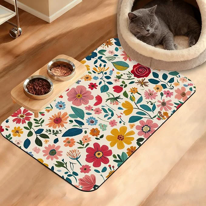 Outstanding Colorful Flower Feeding Mat Groovy Wildflowers Absorbent Quick-Dry Cat Dog Effective