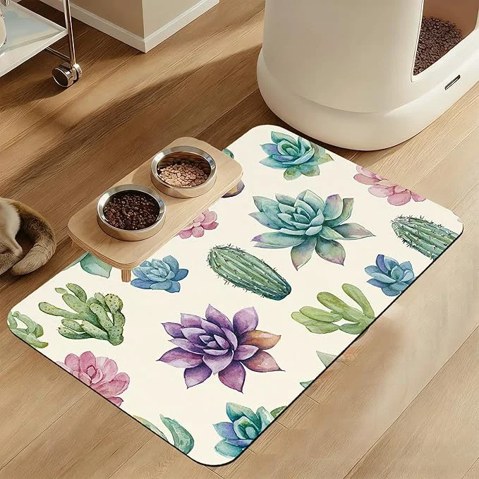 Carefully Designed Cactus Flower Pet Feeding Mat for Floors–Christmas Stocking Absorbent Quick Dry Solid