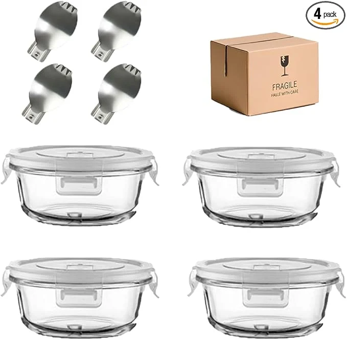 World-Class 1.5 Cup Round Glass Food Containers with Lids and Folding Spoon BPA Small Round Glass Lunch Containers 12oz Food Container for Office Meal Oven zer and Dishwasher Safe 4Pack About ThisOverview Premium