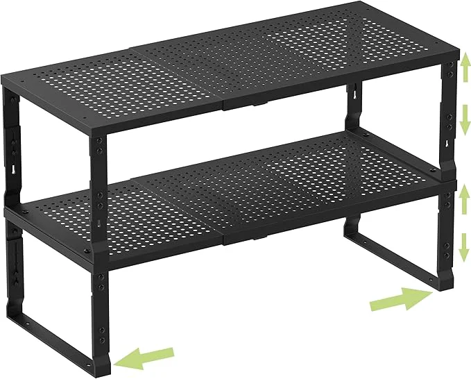 Prestigious Heavy-Duty Adjustable Metal Shelf Organizer - Expandable Stackable Pantry Storage Rack for Kitchen Bathroom RV Cabinets 2 Packs Black Medium About ThisOverview Carefully Designed