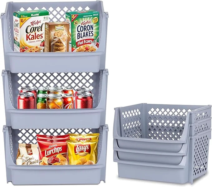 Refined Skywin TidyFriend Plastic Stackable Bins for Pantry 3 Pack Large Stacking Bins Open Front Toy Organizers Kitchen and Bathroom Essentials Light Grey About ThisOverview Practical