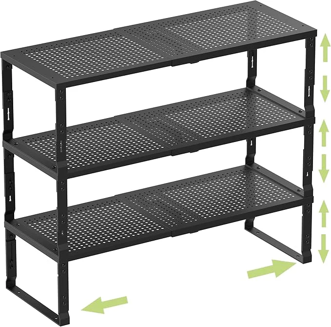 User-Friendly Heavy-Duty Adjustable Metal Shelf Organizer - Expandable Stackable Pantry Storage Rack for Kitchen Bathroom RV Cabinets 3 Packs Black Large About ThisOverview Responsible