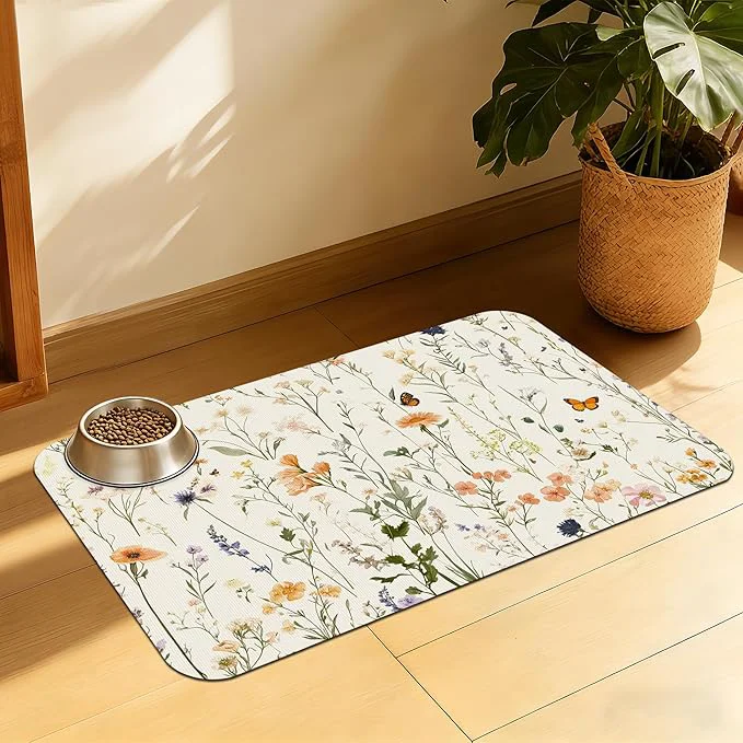 Minimalist Vintage Wildflowers Herbs Pet Feeding Mat Absorbent Bowl Pad Quick Dry Reliable