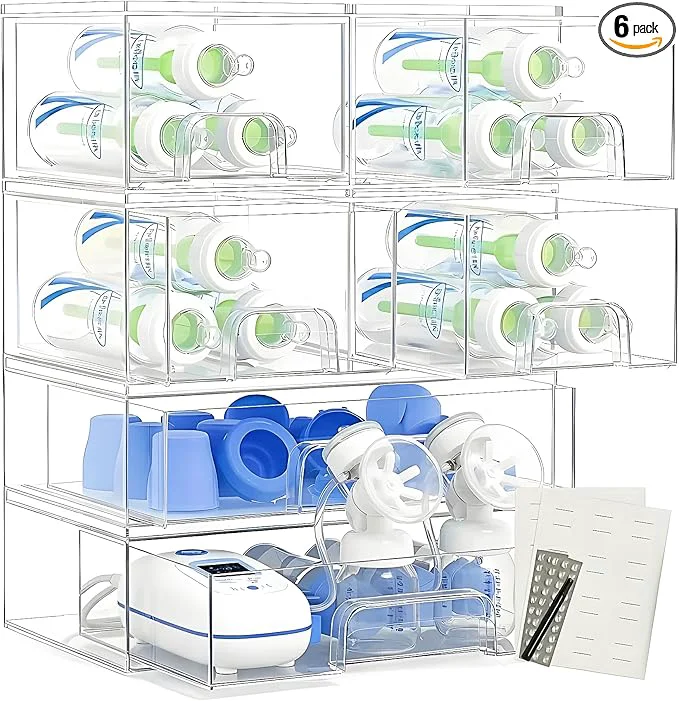 Easy-to-Use Clear Baby Bottle Organizer For Cabinet Storage Bins with Pull-Out Drawers 6-Pack Organizer Set with Labels Premium PET Plastic Storage Organizer for Pantry Bathroom Vanity CountertopAbout ThisOverview Unique