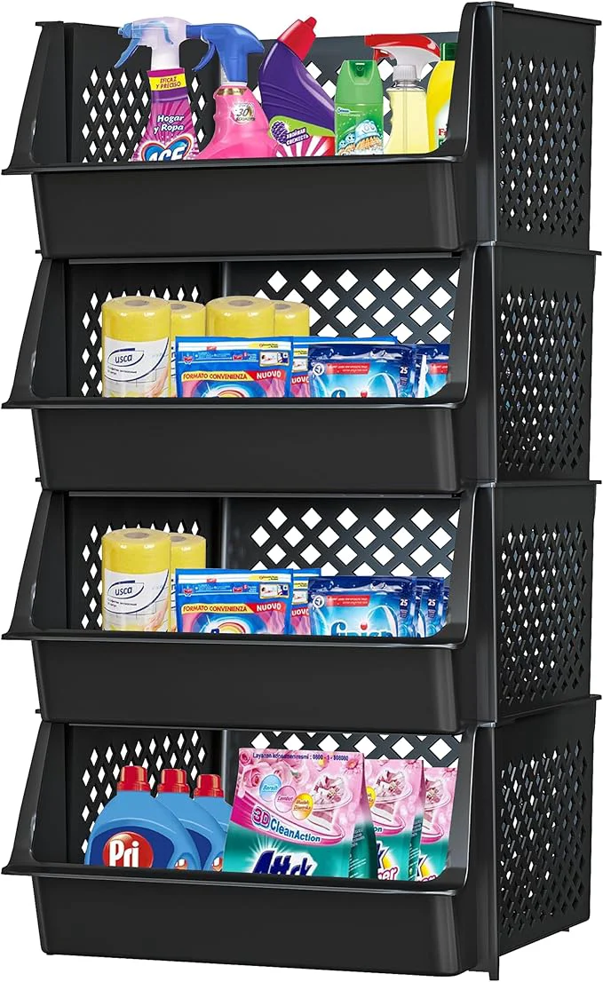 Exceptional Skywin TidyFriend Plastic Stackable Bins for Pantry 4 Pack Large Stacking Bins Open Front Kitchen and Bathroom Organization Open Front Design Black About ThisOverview Fast