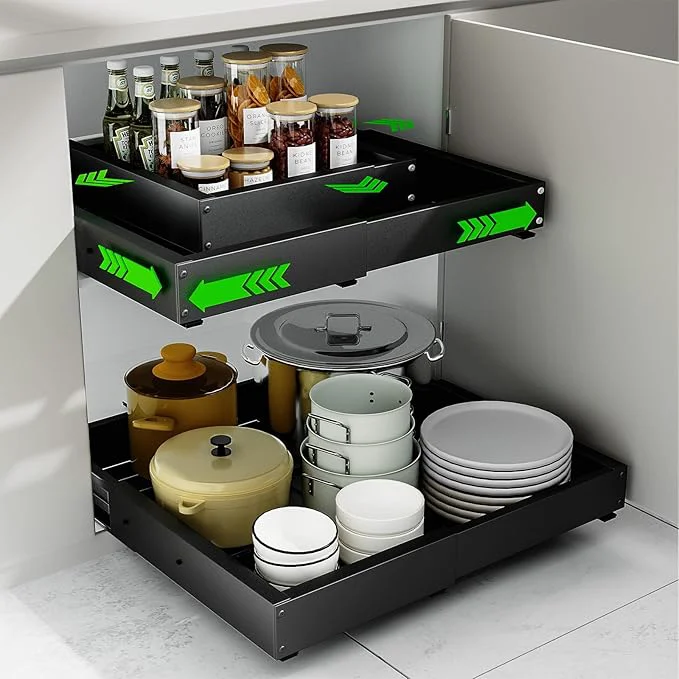 Relaxed 2 Pack Expandable Pull Out Cabinet Organizer Width 12 -19 Depth 16.5 -22 No Drill Adjustable Cabinet Pull Out Shelves for Kitchen Pantry Adhesive Roll Out Shelves for Kitchen Cabinets-BlackOverview Easy-to-Use