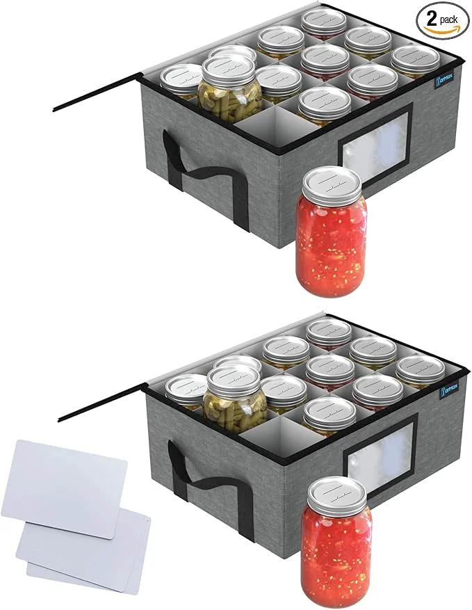 Convenient 2Pk 32 oz Quart Mason Jar Organizer Sturdy Pantry Canning Jar Storage Containers Holds 12 Quart Size Ball Mason Jars Foldable Canning Organizer Stackable Home Storage Box w Lid Label holderAbout ThisOverview Reliable