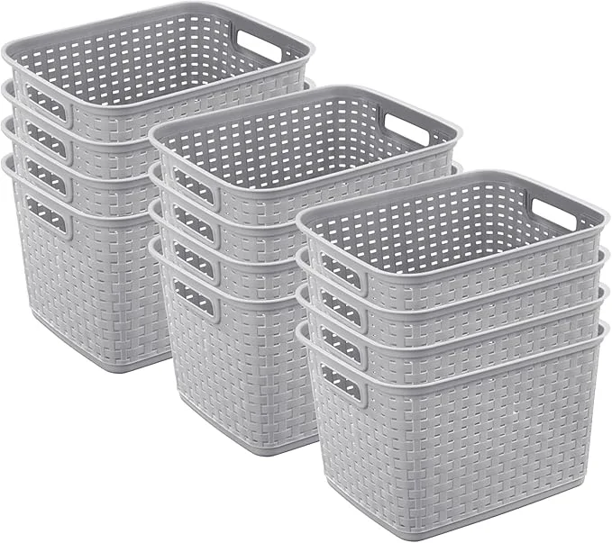 Reliable Sterilite 12-Pack Tall Weave Basket Wicker-Style Plastic Open Storage Bin Cement Gray - Multi-Purpose Decorative Organizer for Laundry Area Shelves Closets Pantries Living Rooms or OfficesAbout ThisOverview Convenient