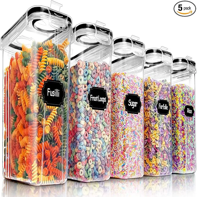 Premium Material PRAKI 5PCS Ce Containers Storage Set BPA Airtight Food Storage Container Set with Lids Kitchen Pantry Organization and Storage for Sugar Baking Supplies with 20 Labels Mark 4L Black About ThisOverview Modern