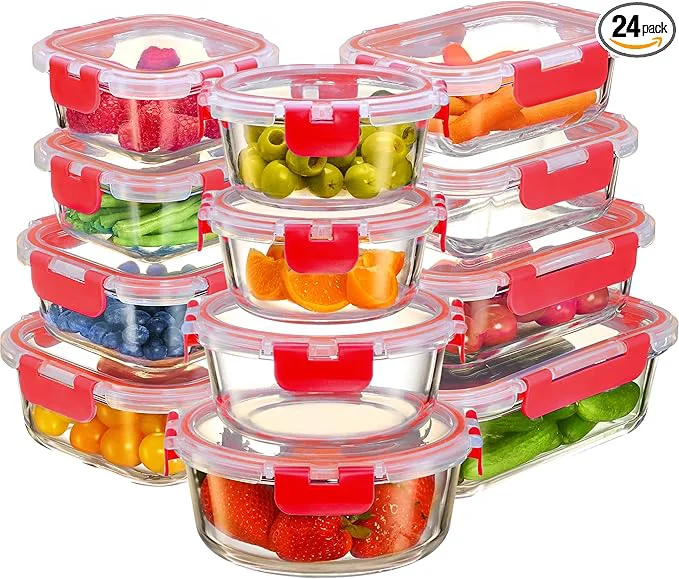 Smooth FineDine 24 Piece Glass Storage Containers with Lids - Leak Proof Dishwasher Safe Glass Food Storage Containers for Meal Prep or Leftovers RedAbout ThisOverview Unique