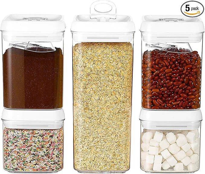 Flexible Felli Flip Tite Food Storage Container 5 LARGE 5pk Set No Residue Label Airtight Lid Easy Lock Top Stackable Plastic Canister Jar for Pantry Kitchen Fridge Organizer Pasta Protein Powder SpiceAbout ThisOverview Prestigious
