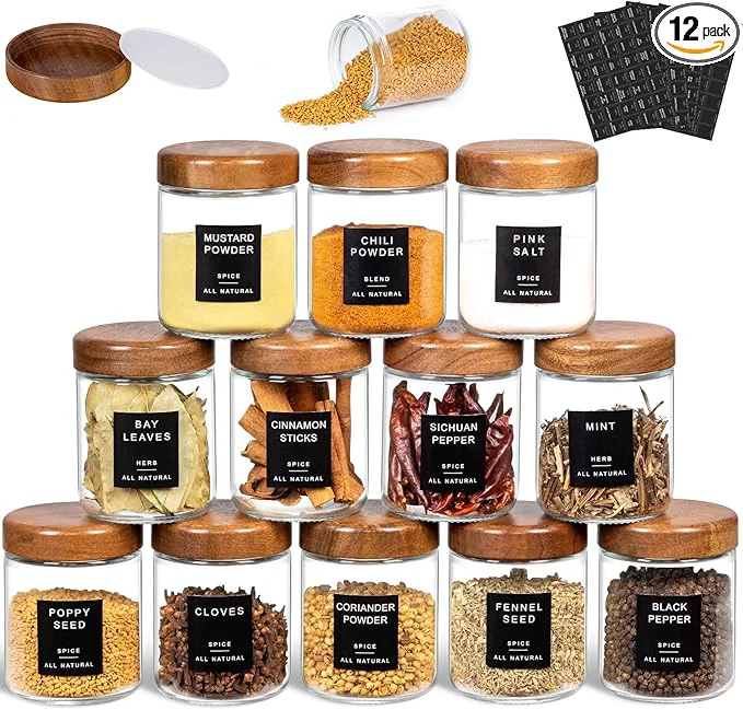 Crafted Yangbaga 12Pcs Glass Spice Jars with Labels-8oz Acacia Wood Lid Square Spice Containers Seasoning Jars for Rack Cabinet Drawer KitchenPantry Daily UseAbout ThisOverview Responsible