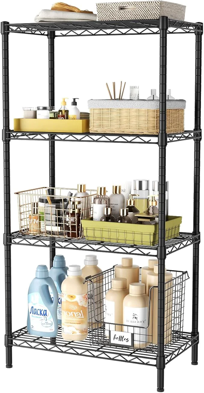 Consistent 4 Tier Adjustable Storage Shelves Heavy Duty Metal Utility Shelf 600LBS Capacity Wire Shelving Unit Organizer Rack for Home Kitchen Office BathroomM Pantry Room 12 D x 22 W x 44 H BlackAbout ThisOverview Optimized
