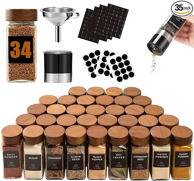 Casual Yangbaga 34Pcs Glass Spice Jars with Labels-4oz Acacia Wood Lid Square Spice Containers with Pepper Grinder Lids Funnel Seasoning Jars for Rack Cabinet DrawerAbout ThisOverview Reliable