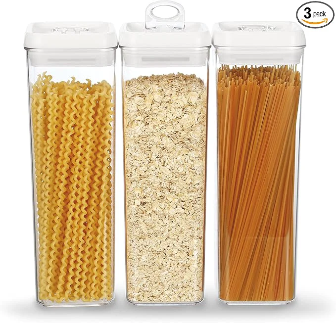 Powerful Felli Flip Tite TALL Storage Container with Lid 4 Air Tight Easy Open Ring Top Clear Acrylic Skinny Canister Jar for Spaghetti Lasagna Fettuccine Noodle Kitchen Cupboard Pantry Organizer 2.0 qt About ThisOverview Innovative