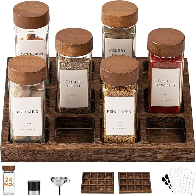 High-Quality Yangbaga 24Pcs Glass Spice Jars with Labels-4oz Acacia Wood Lid Square Spice Containers and 2pcs Rack with Pepper Grinder Lids Funnel Seasoning Jars for Rack Cabinet DrawerAbout ThisOverview Classic
