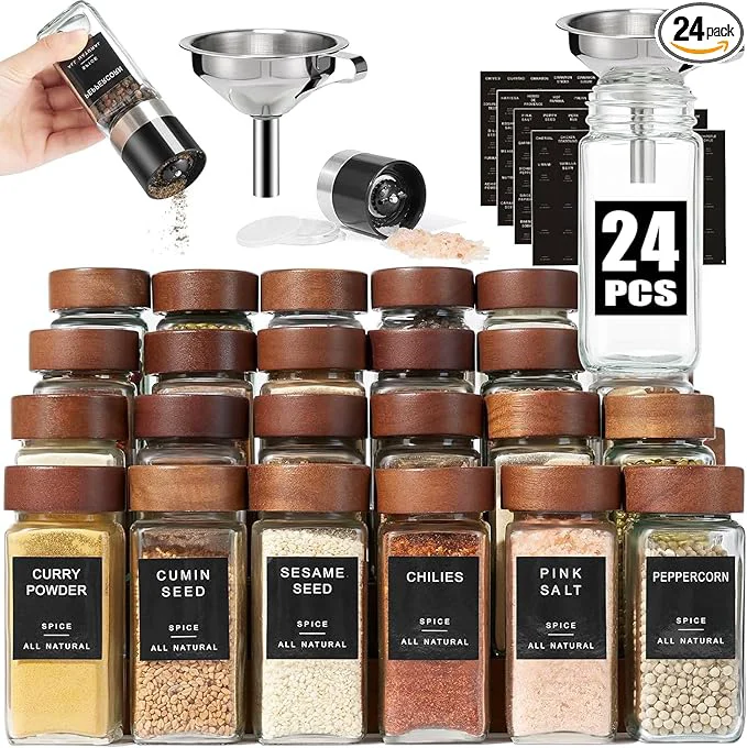 Official Yangbaga 24Pcs Glass Spice Jars with Labels-4OZ Wood Lid Square Spice Containers with Pepper Grinder Lids Funnel Seasoning Jars for Rack Cabinet DrawerAbout ThisOverview Premium