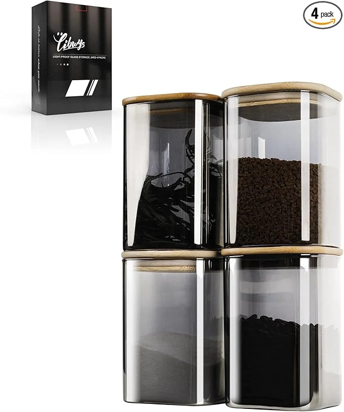 Selected LIBWYS 4-Pack Anti-UV Square Glass Storage Jars with Bamboo Lids 1.22Qt - Light Resistant Containers LRC for Pantry Organization Coffee Beans Loose Tea Sugar Pet Food Kitchen Canisters SetAbout ThisOverview Luxury