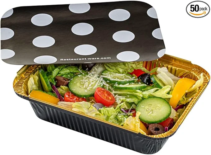 Exceptional Restaurantware 16 Ounce Disposable Takeout Containers 50 Rectangle Food Containers - With Polka Dot Lids Black And Gold Takeaway Containers Aluminum Delivery Containers zableAbout ThisOverview Environmentally Friendly
