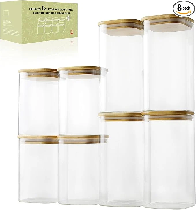 Quality LIBWYS 8-Pack Glass Pantry Storage Containers with Bamboo Lids 1.22Qt 1.67Qt - Stackable Square Food Jars for Pantry Organization Coffee Flour Snacks Tea Kitchen Canisters SetAbout ThisOverview Durable