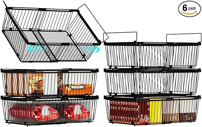 Stylish Large zer Organizer Bins，Upgraded Bottom Leak-Proof net，6 Pack， Expandable Stackable Chest zer Containers with Handle，for Fridge Deep zer Cabinet Kitchen Pantry Black-6Pack About ThisOverview Original Design