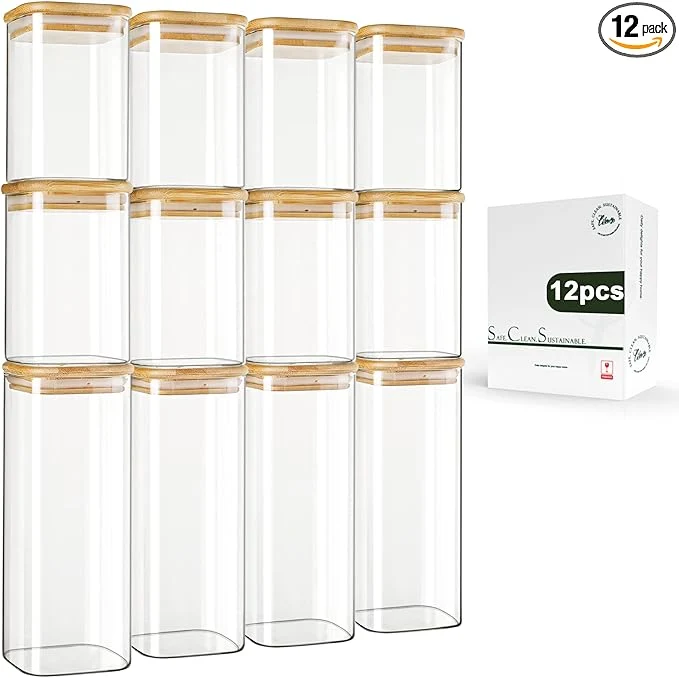 Fine Crafted LIBWYS 12-Pack Square Glass Storage Jars with Bamboo Lids 0.6Qt 1.06Qt - Stackable Food Containers for Pantry Organization Coffee Flour Snacks Tea Kitchen Canisters SetAbout ThisOverview Minimalist