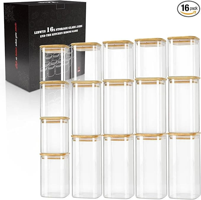 Fine LIBWYS 16-Pack Square Glass Storage Jars with Bamboo Lids 0.6Qt 1.06Qt - Stackable Food Containers for Pantry Organization Coffee Flour Snacks Tea Kitchen Canisters SetAbout ThisOverview High-Quality