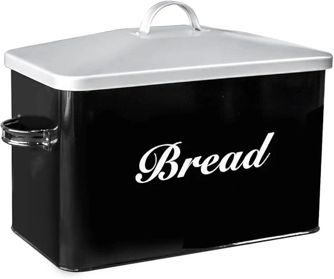 Secure SOTECH Vintage Metal Bread Box Farmhouse Decor Style Pantry Organization and Storage Container Space Saving Black with Silver Breadbox-Rustic Kitchen DecorAbout ThisOverview Professional