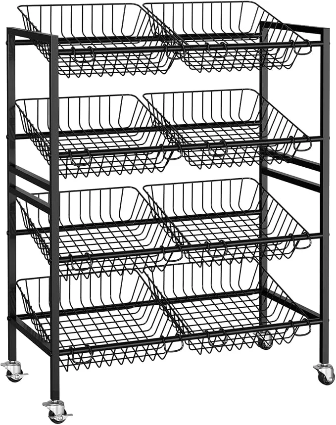 Original Evermagin 25.2''W Kitchen Storage Cart Rolling Snack Cart 4 Tier Fruit Basket Vegetable Stand Metal Pantry Storage Organizer with 8 Removable Baskets for Onion Potato BlackAbout ThisOverview Minimalist