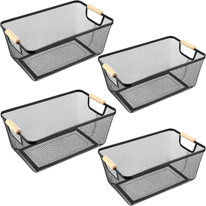 Next-Generation 4 Pcs Metal Wire Basket with Wooden Handles Mesh Steel Storage Organizer Bin Containers for Home Organizing Cabinet Pantry Closet Kitchen Fridge Fruit Makeup Snacks Gifts Large Black About ThisOverview Professional