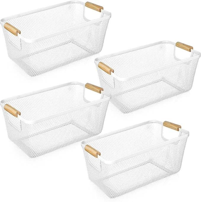 Consistent 4 Pcs Metal Wire Basket with Wooden Handles Mesh Steel Storage Organizer Bin Containers for Home Organizing Cabinet Pantry Closet Kitchen Fridge Fruit Makeup Snacks Gifts Medium Cream White About ThisOverview Casual