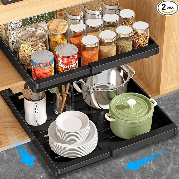 Clean 2 Pack Pull Out Cabinet Organizers Expandable 13''-19'' Plastic Slide Out Drawers for Kitchen Bathroom Pantry Under Sink Storage Pull Out Drawers Fixed with Adhesive Nano Film Black About ThisOverview Classic