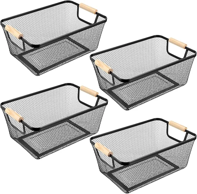 Certified 4 Pcs Metal Wire Basket with Wooden Handles Mesh Steel Storage Organizer Bin Containers for Home Organizing Cabinet Pantry Closet Kitchen Fridge Fruit Makeup Snacks Gifts Medium Black About ThisOverview Green