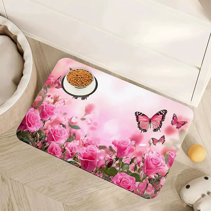 Detailed Rose Pink Dog Cat Food Mat Butterfly Absorbent Pet Feeding Mat Reliable