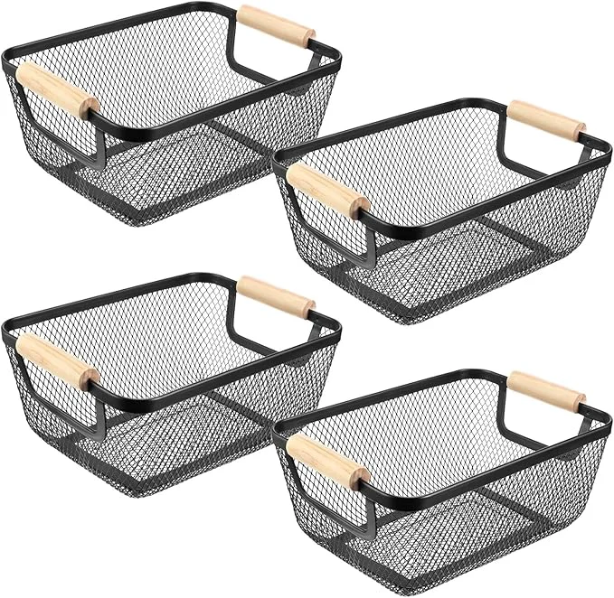Organic 4 Pcs Metal Wire Basket with Wooden Handles Mesh Steel Storage Organizer Bin Containers for Home Organizing Cabinet Pantry Closet Kitchen Fridge Fruit Makeup Snacks Gifts Small Black About ThisOverview Genuine