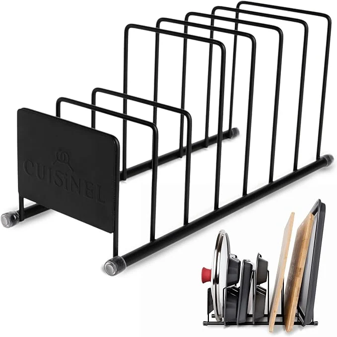 Recyclable Cuisinel Pot Lid and Dish Organizer Rack - Matte Black Kitchen Storage Organization Stand - 7-Tier Cabinet Counter Cookware Pots and Pan Lids Covers Cutting Board Holder OrganizerAbout ThisOverview Enhanced